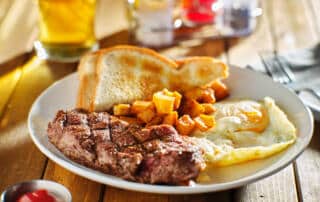 steak and eggs at a restaurant in Bath Maine