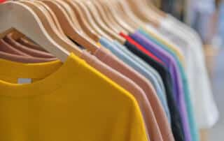 Clothes on the rack at a Kittery, ME clothing shop.